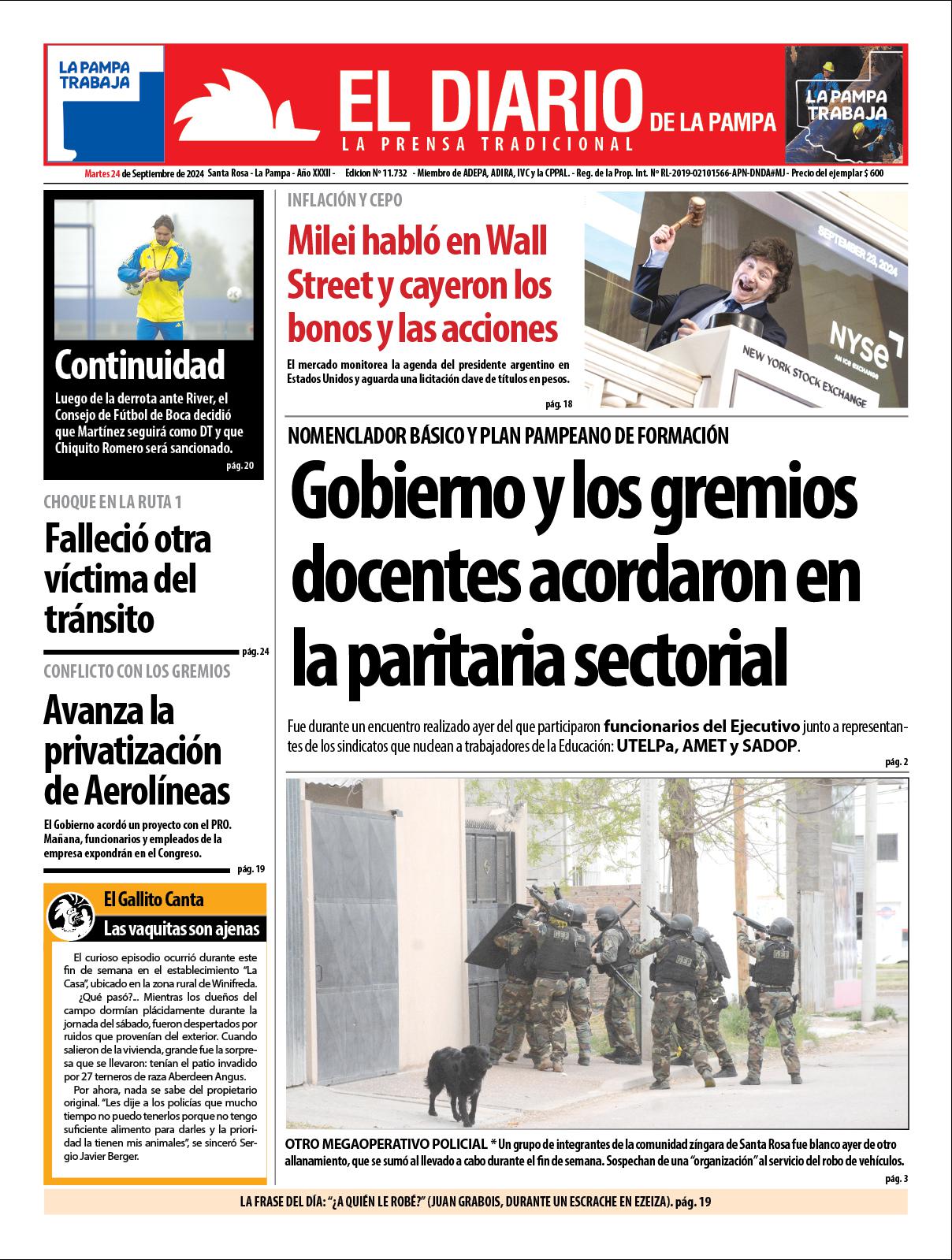 Tapa de El Diario en papel  martes 24 de septiembre de 2024